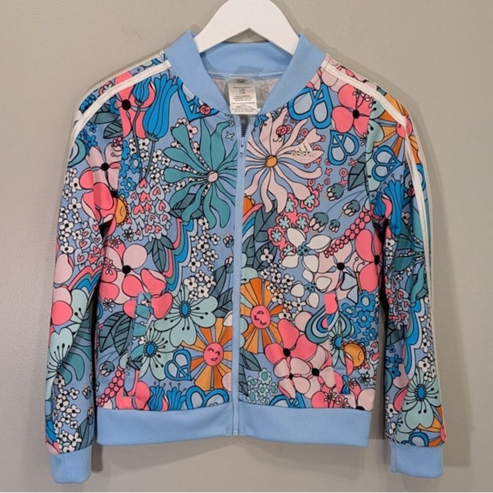 Adidas Girls Track Jacket Blue Bold Floral Pop Bright Fun Playful - Size L(14)